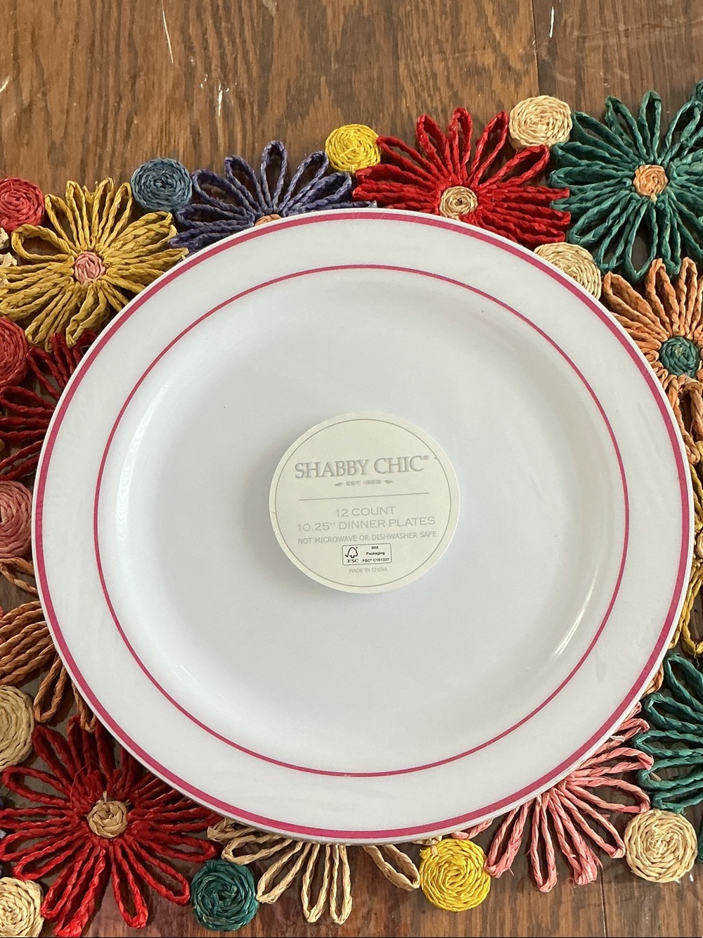 Shabby Chic White Dinner Plate with Pink Double Rim new